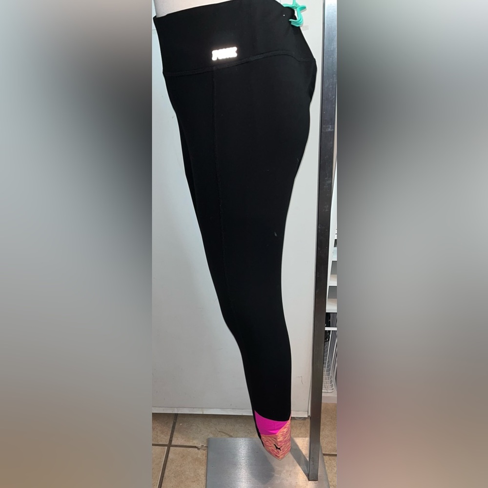 Pink black leggings with pink  strip on bottom size L  [E-16 ]
